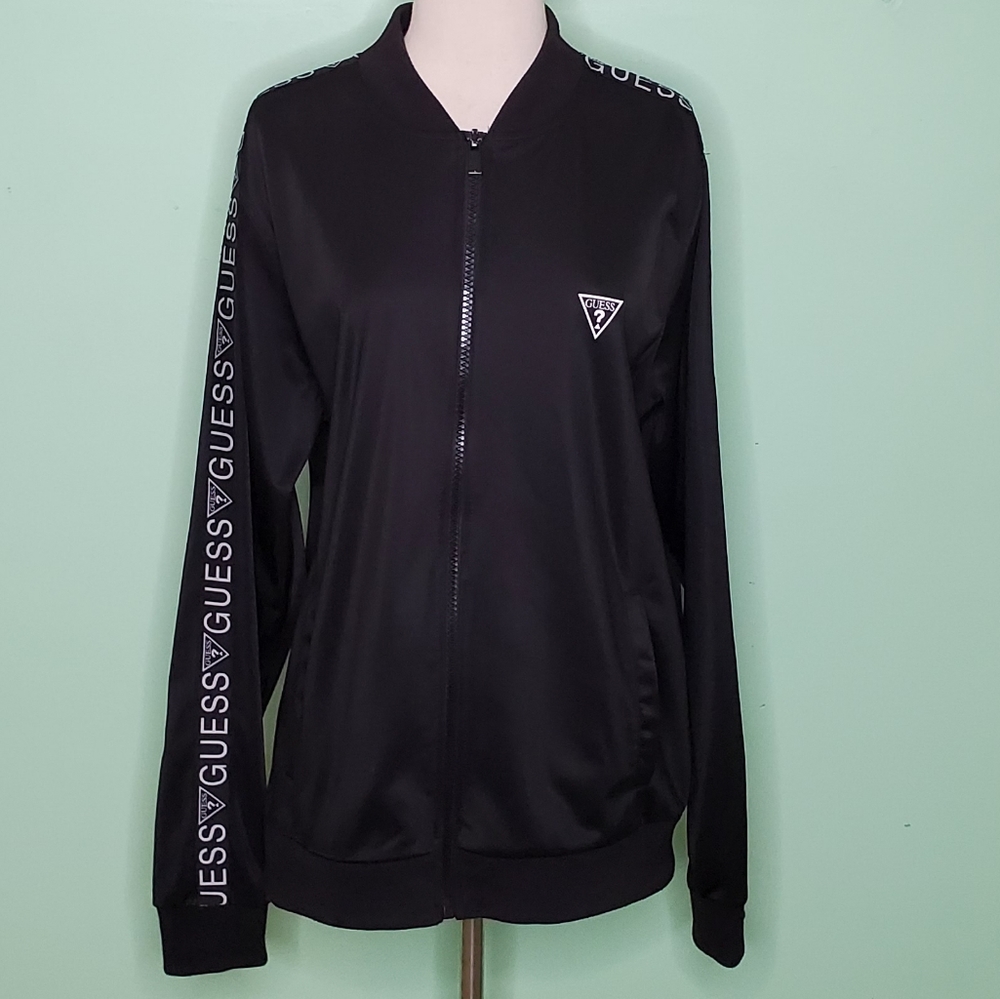 Guess Black Satin Logo Stripe Track Jacket - Picture 2 of 9